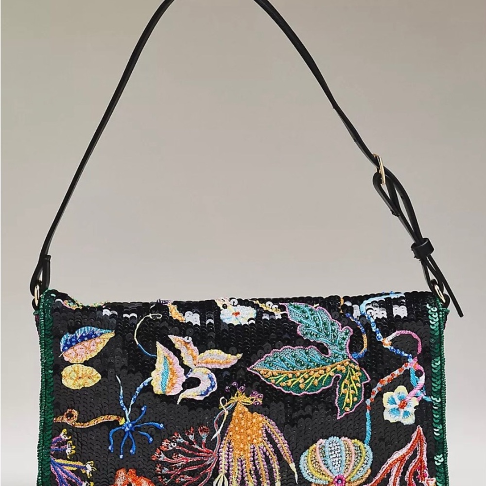 New Anthropologie Black Floral Beaded Shoulder Bag - Picture 2 of 5